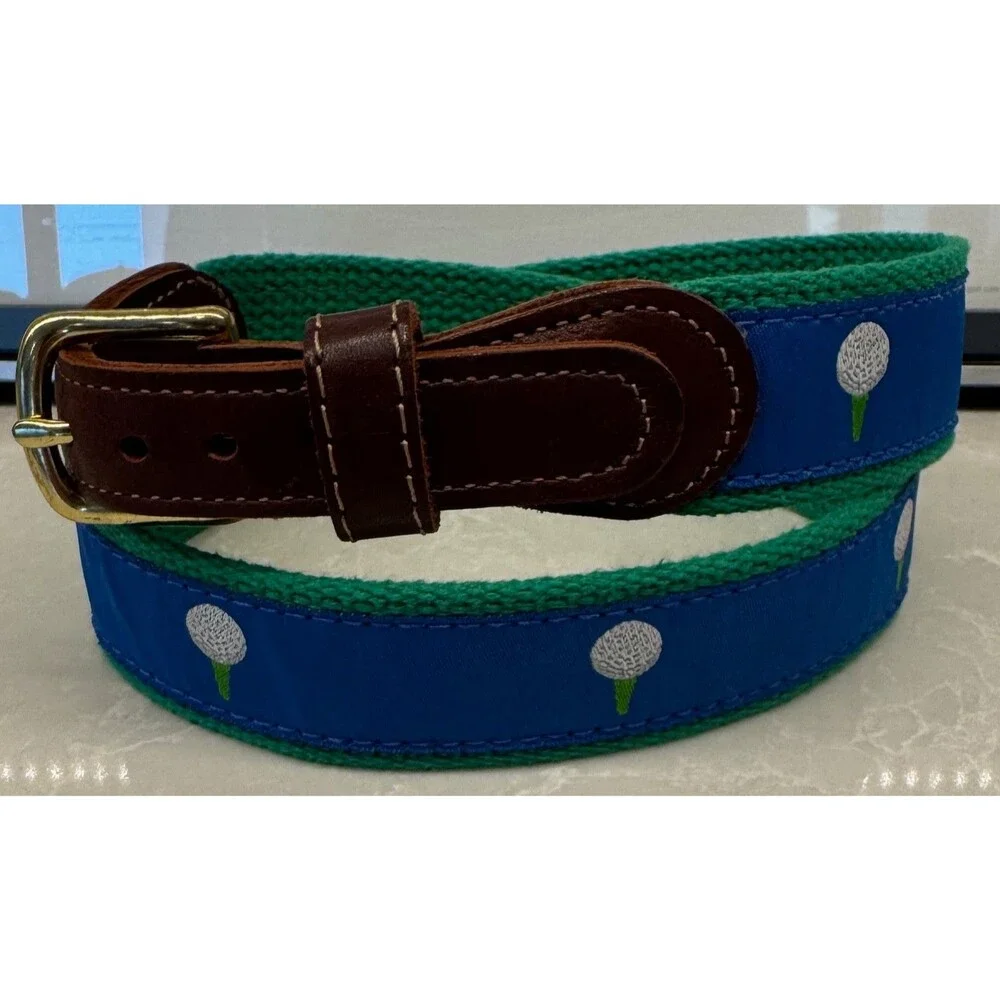 Preston Golf Ball Leather Canvas Golf Belt Brass Buckle Size 28 USA Made - Blue